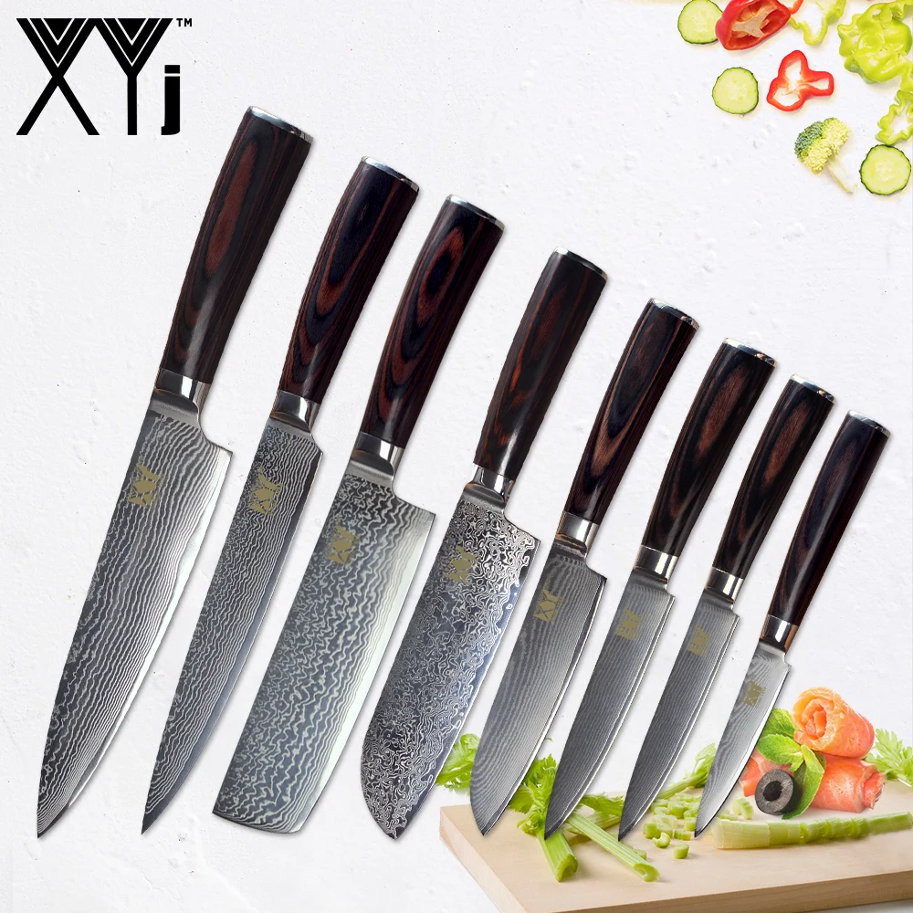XYj Damascus японские кухонные ножи цельный нож для очистки овощей утилита Santoku