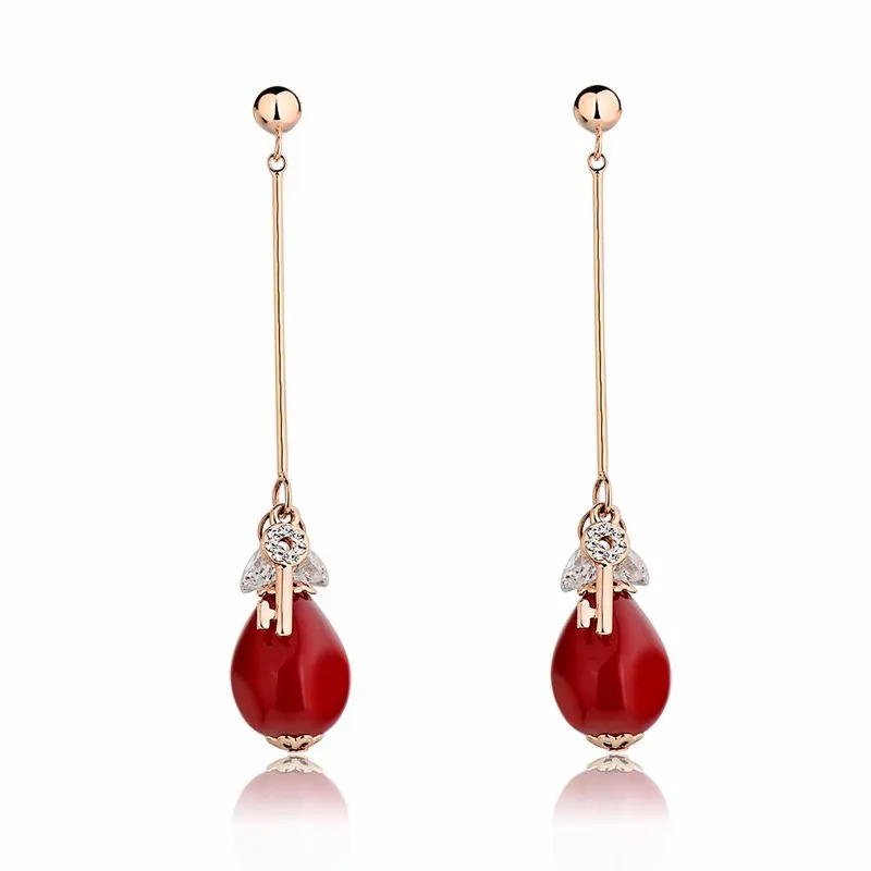 HOT Red Drop Earrings Rose Gold Color Cubic Zirconia Crystal Bride Wedding Jewelry Natural Artificial Coral Women Earring | Украшения и