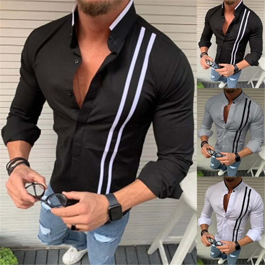 Men's Fashion Male Clohthing Streetwear Popular Cotton Long Sleeve Lapel Striped Shirt Casual Top Blouse платье рубашка |