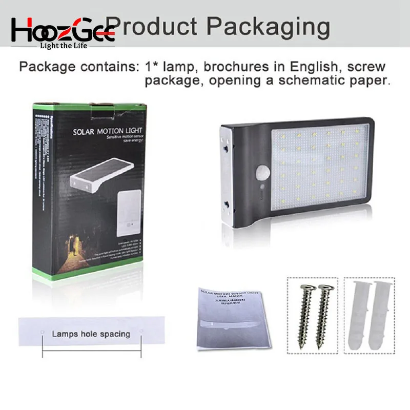 HoozGee Солнечный уличный светильник s Открытый сад 450LM 36 светодиодный PIR датчик движения светильник лампа безопасности водонепроницаемое Освещение стен