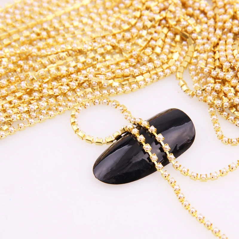 

SS4.5,SS6,SS12 1M Ivory Pearl Claw Sew On Close/Sparse Gold Bottom Chain Bead Trim For Nail Art Decoration