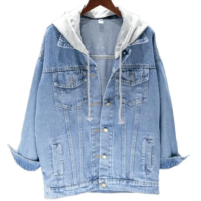 Джинсовая куртка оверсайз для женщин свободная джинсовая с капюшоном пальто