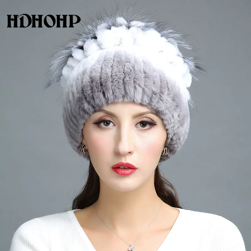 HDHOHR, Новая меховая шапка, зимняя женская шапка из натурального меха кролика с мехом серебристой лисы, вязаные шапочки, модные женские шапки из натурального меха