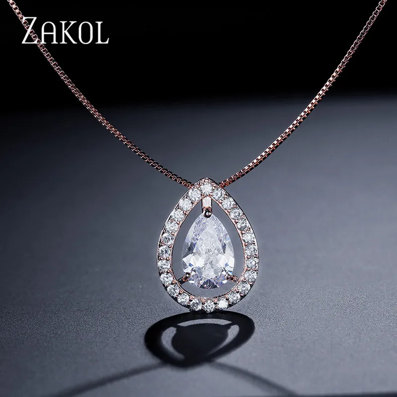 Zakol Новая мода Дизайн Медь Water Drop Кулон Цепочки и ожерелья большой камень CZ