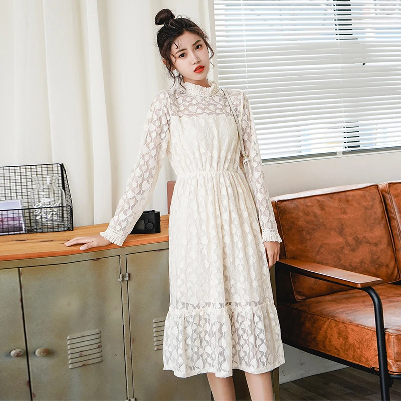 Стенд воротник Тонкий кружевное платье Повседневное Для женщин платья Ins Lady Kawaii