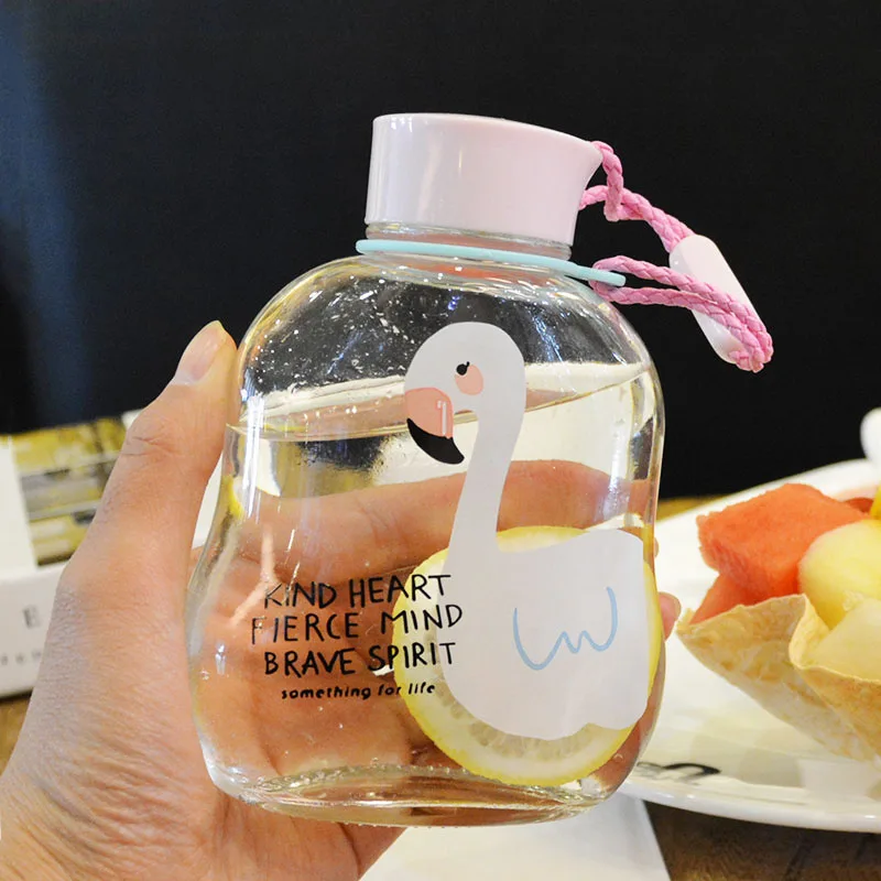Милый Фламинго узор стеклянная бутылка для воды с поясом герметичная сока модный