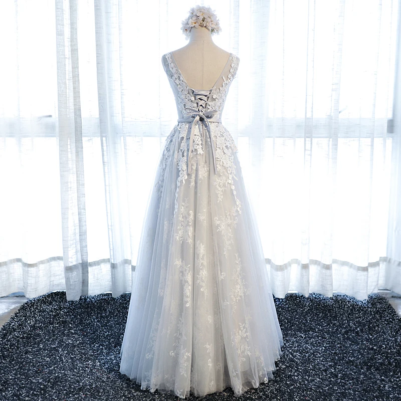 Vestido de festa реальные фотографии, серые кружевные вечерние платья трапециевидной формы с круглым вырезом, рукавами-крылышками, аппликацией и поясом, тюлевые вечерние платья