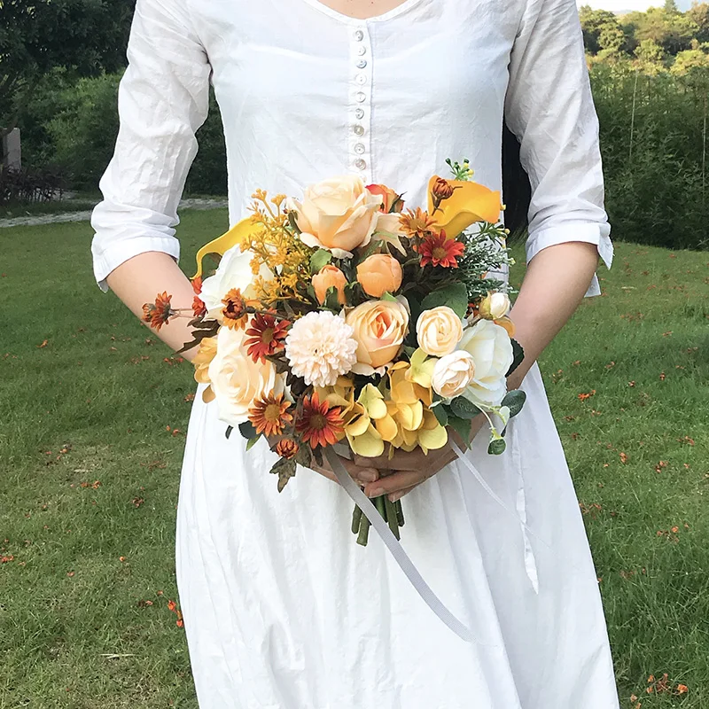 Искусственные цветы jaevini розовые оранжевые невеста букеты розы Калла свадебные