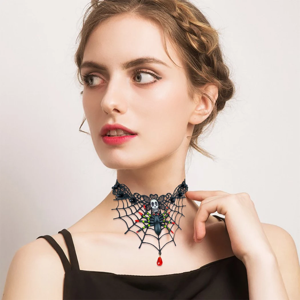 Women Halloween Spider Cobweb Chokers Crystal Lace Neck Choker Party Necklace Gothic Steampunk Jewelry |