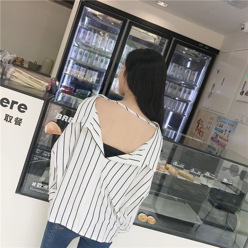 Женская Офисная рубашка в полоску свободная с v-образным вырезом и длинным