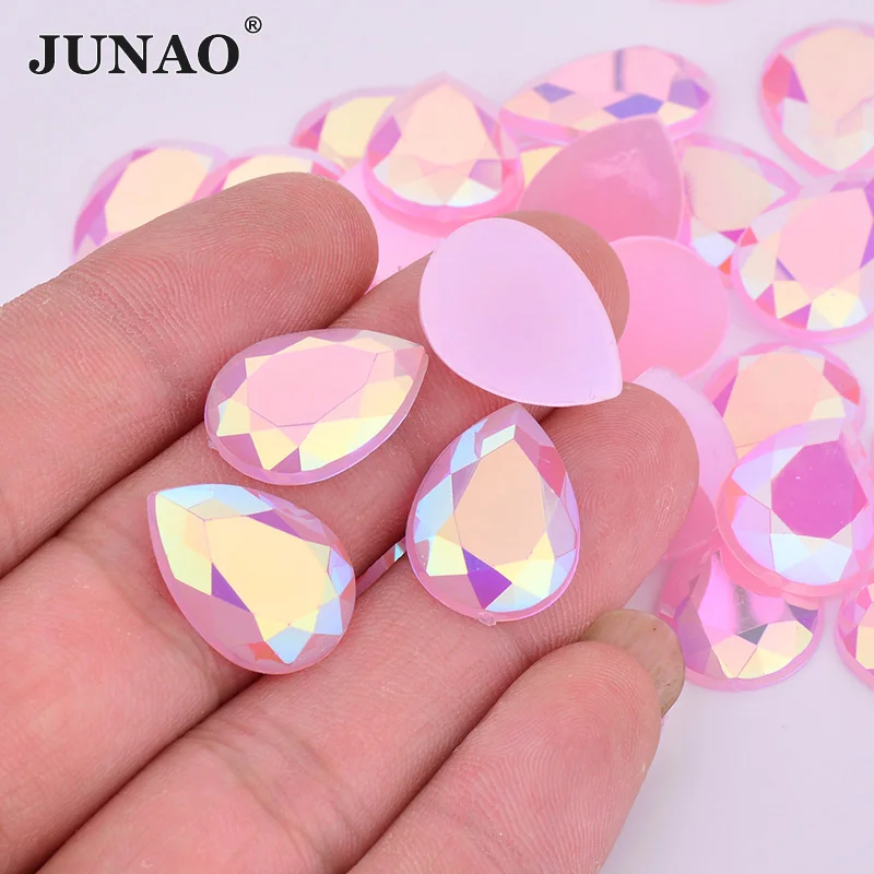 

JUNAO 10*14mm Shiny Pink AB Teardrop Rhinestone Applique Flat Back Acrylic Strass Crystal Non Hotfix Stones for Dress Crafts
