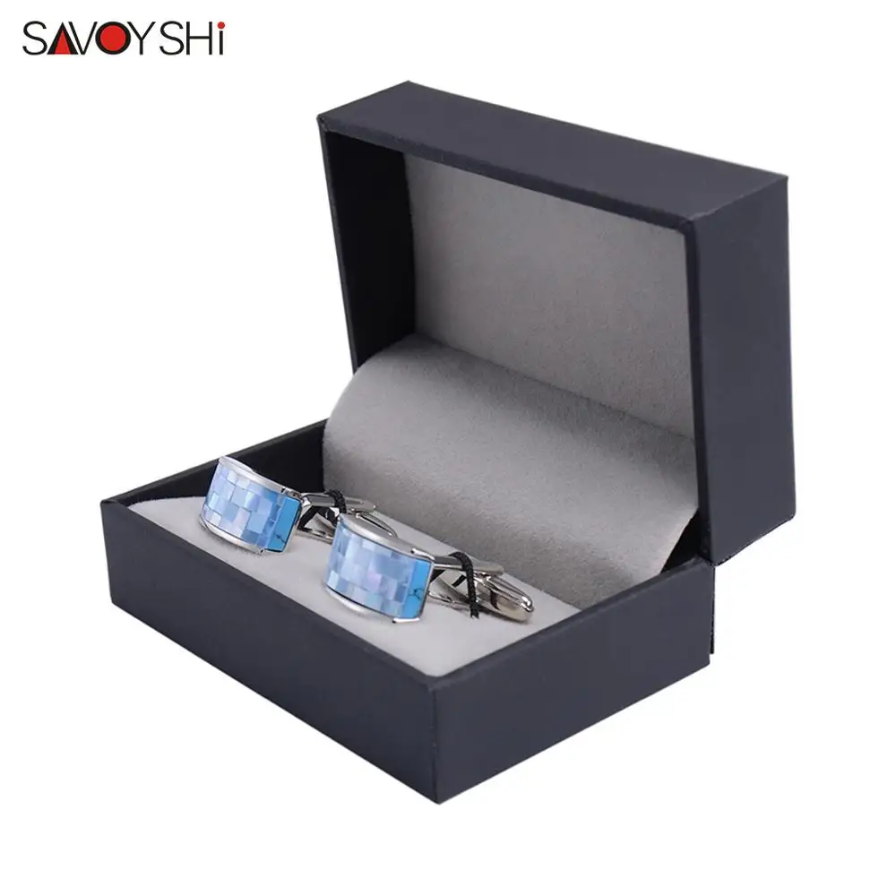 SAVOYSHI, роскошные сетчатые запонки для мужчин, запонки для рубашек, гвозди, высокое качество, голубой камень, с ракушками, запонки, свадебный подарок, ювелирные изделия - Окраска металла: Cufflinks with Box A