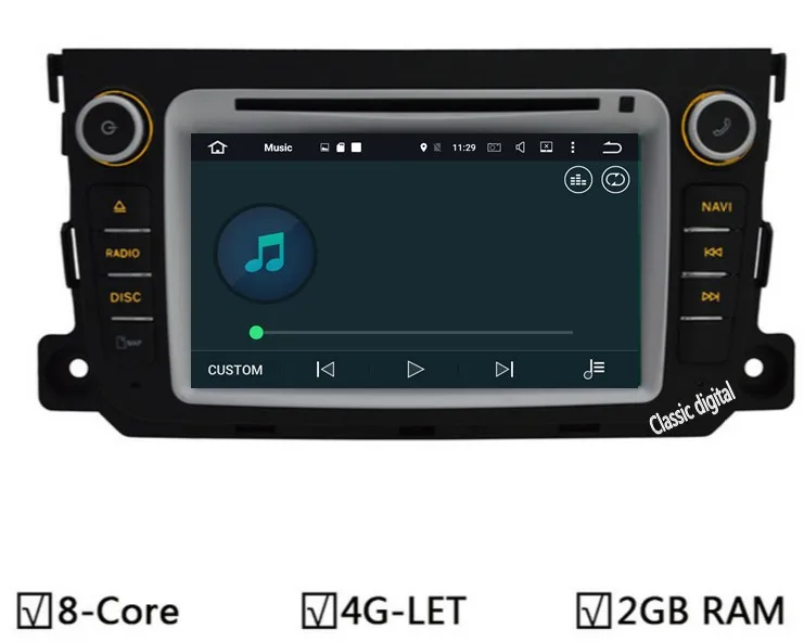 Dvd плеер GPS для Mercedes Benz Smart Fortwo 1024x600 Android 6.0/7.1 Octa core 2 ГБ оперативная память 32