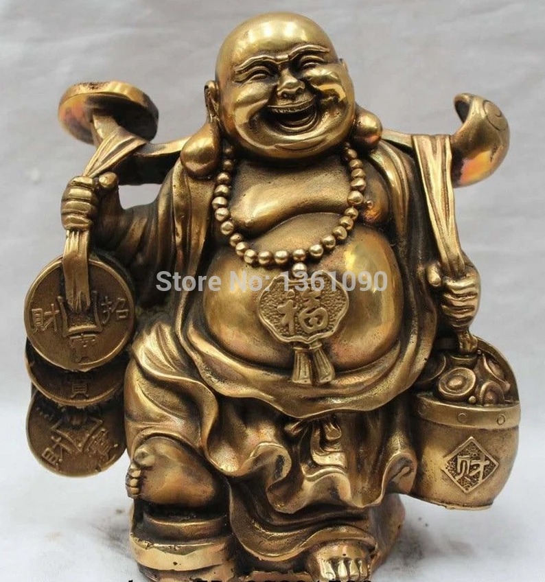 

xd 00206 Lucky Chinese Brass Buddhism Happy Laugh Money Yuanbao Maitreya Buddha Statue