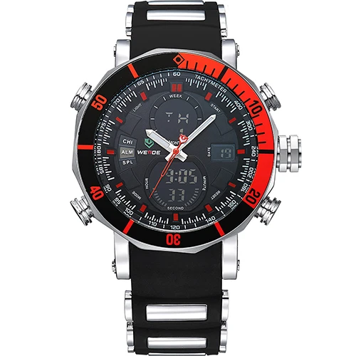 Red WEIDE Мужские Наручные Часы ЖКД Будильник Резиновый Ремешок Кварцевый Механизм Задняя Подсветка Секундомер Автоматическая Дата Двойной Дисплей Хронограф Цифровые Спортивные Электронные Армейские Часы - Цвет: Red