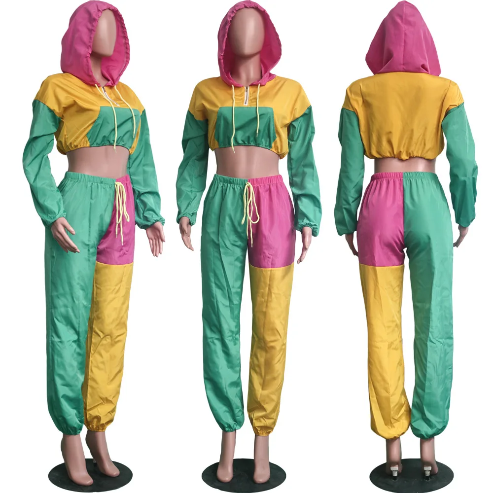 

New Design Hit Color Patchwork Women Suits Women Hoodie Top Two Piece Set