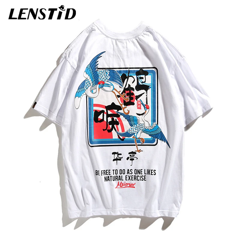 LENSTID Лето 2019 хип-хоп Футболка мужская журавль принт Китайский Персонаж футболки