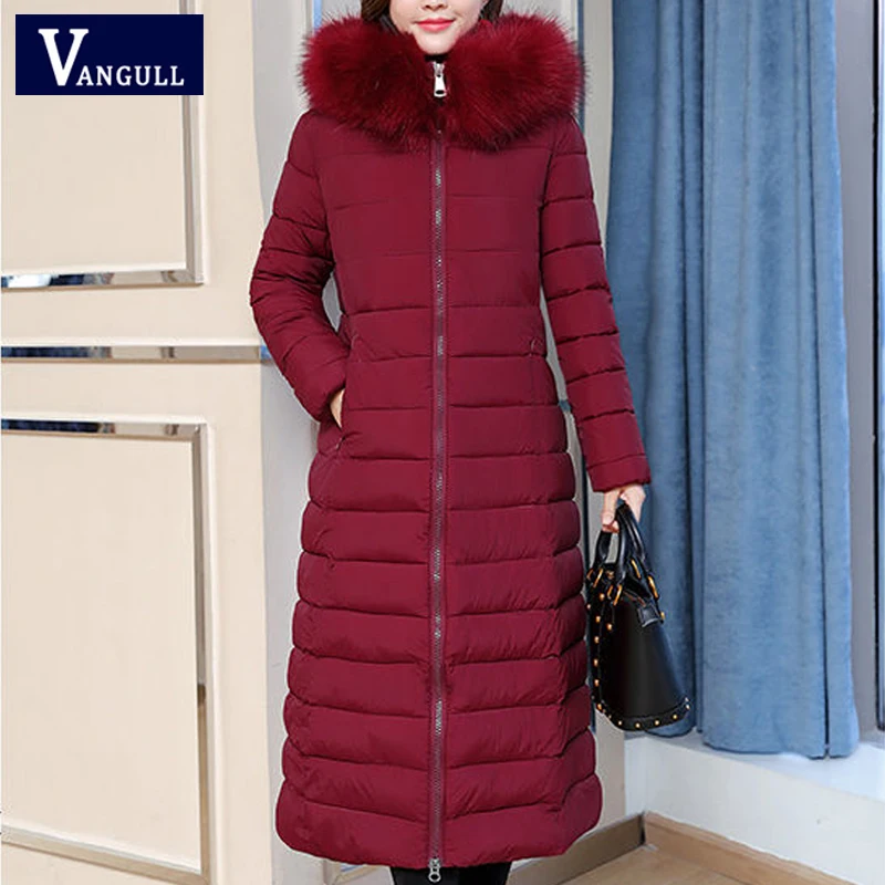 Vangull Winter Women Parkas Fashion Female Long Sleeve Hooded Jackets Autumn Slim Zipper X-Long Thick Coats Suatans Outerwear