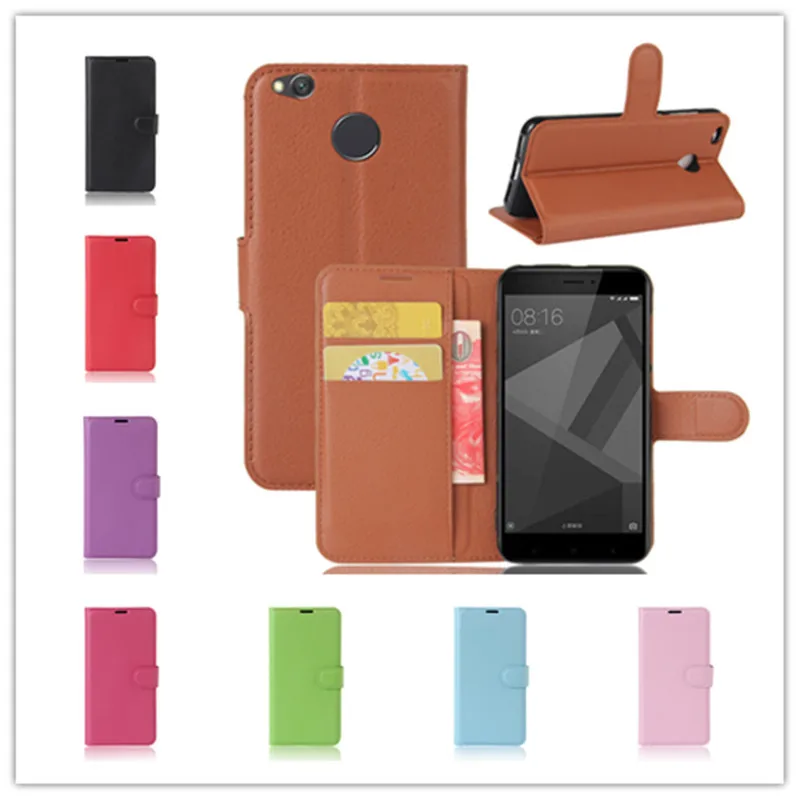 Litchi Texture Wallet Flip Leather Phone Case Cover For Xiaomi Redmi 4 Holster Bag With Stand Card Slots | Мобильные телефоны и