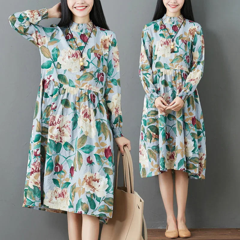 Для женщин с длинным рукавом Цветочный принт из хлопка и льна круглым вырезом