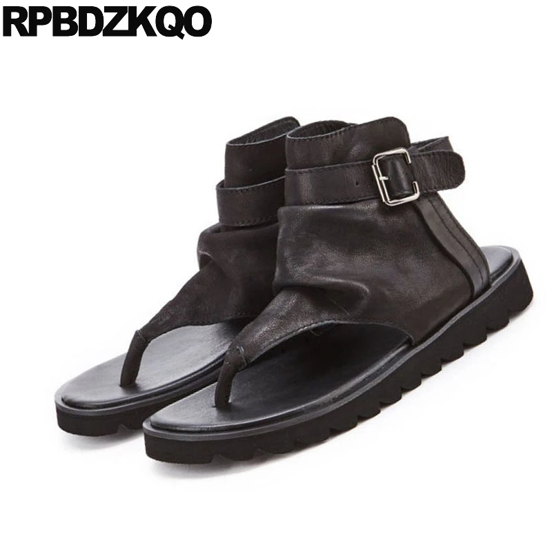 роскошь ботинки плеть сандалии плоские итальянский 2018 черный Настоящая кожа