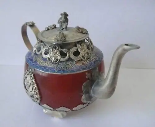 

Elaborate Chinese Collectible Decorated Old Handwork Jade & Tibetan Silver Dragon Tea Pot Monkey Lid