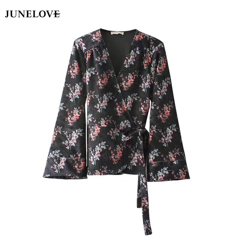 Женская рубашка с бантом JuneLove повседневная бархатная v-образным вырезом и