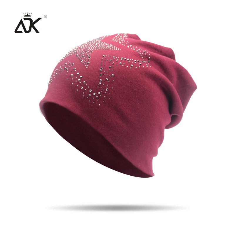 Хлопчатобумажная женская вязаная шапка Skullies Beanies со стразами и пентаграммой