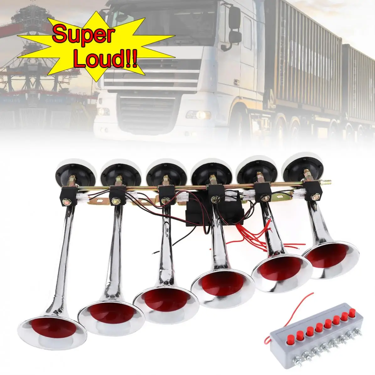 

Прочный Универсальный супер громкий компрессор 200 дБ, 8 звуковых сигналов, 6 автомобильных труб, комплект для мотоцикла, лодки, грузовика, автомобиля