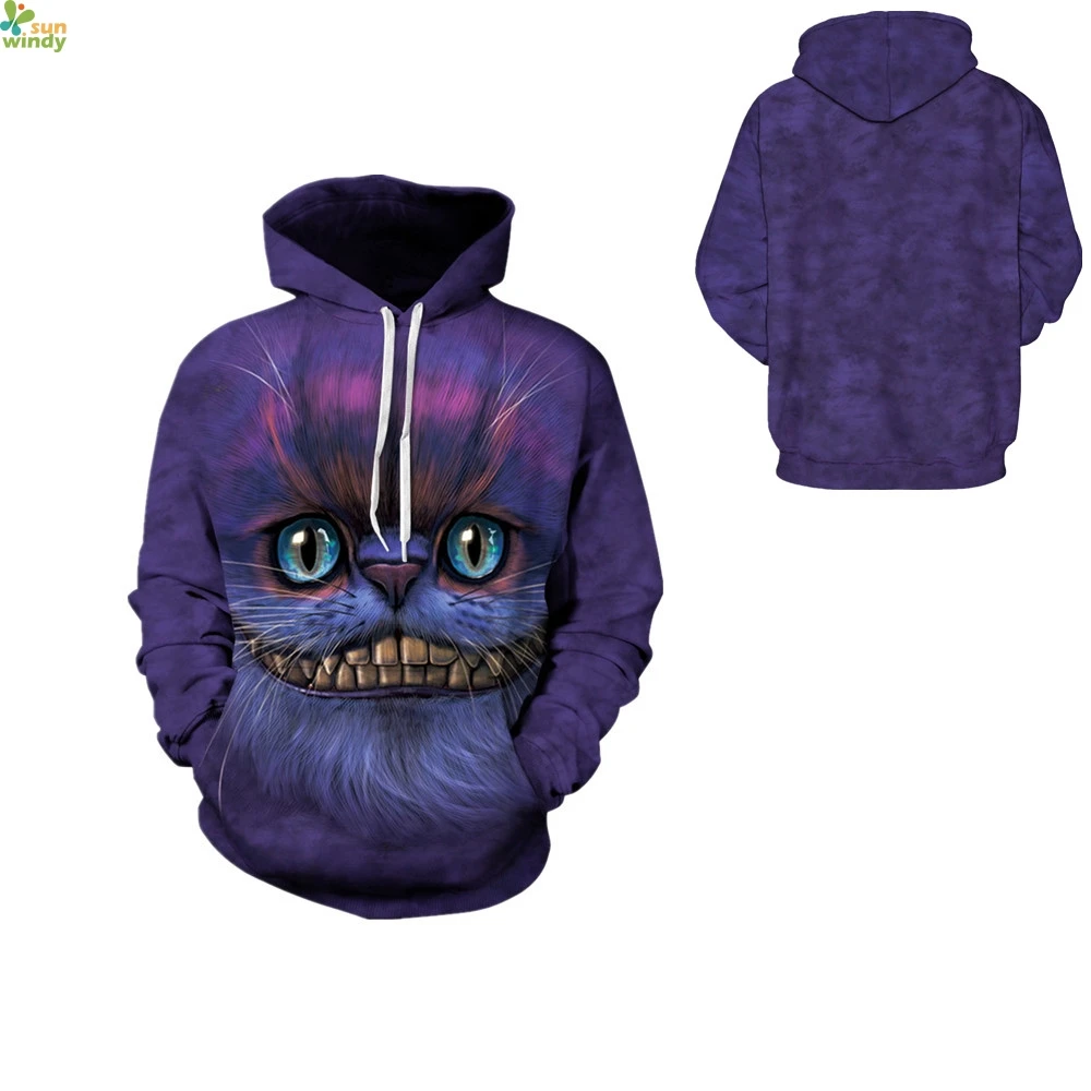 Фиолетовый Чеширский Кот толстовки Осенние мужские свитера для скейтборда с
