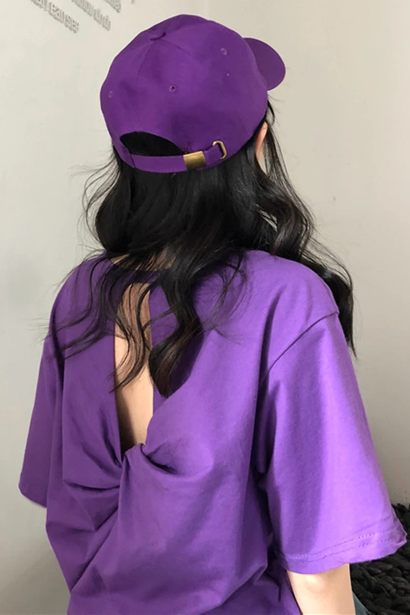 

New Summer Harajuku Loose Women T-shirts Half Sleeve O Neck Backless Design Drop Shoulder Tees Female Solid Trends Casual Tops