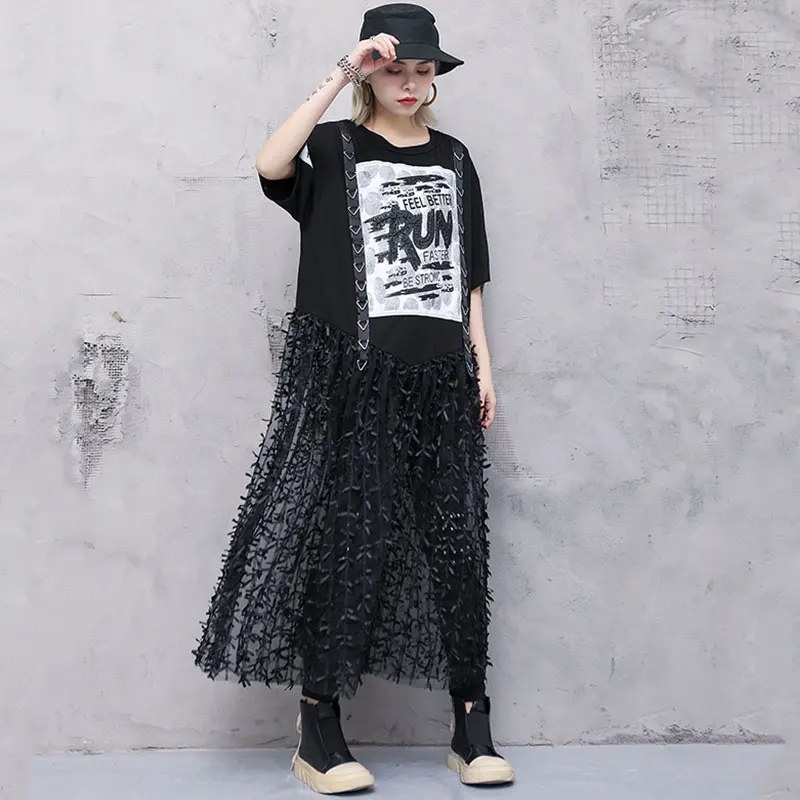 XITAO Tide личностное лоскутное Сетчатое платье с вырезом и буквенным принтом