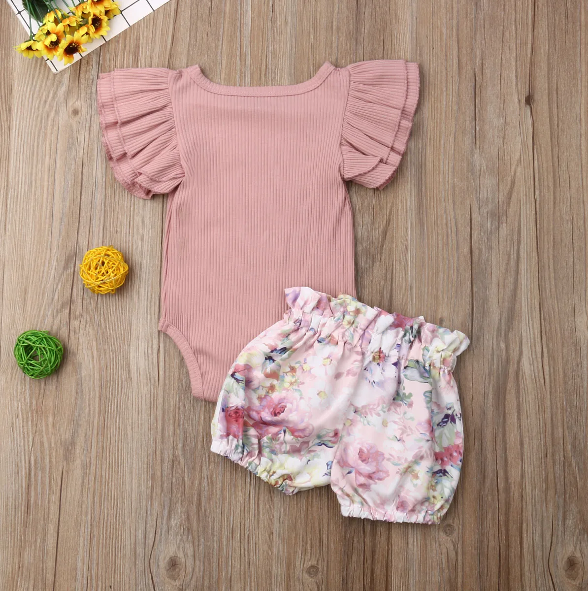 2 шт. детский хлопковый комбинезон с оборками и шорты цветочным принтом | Мать