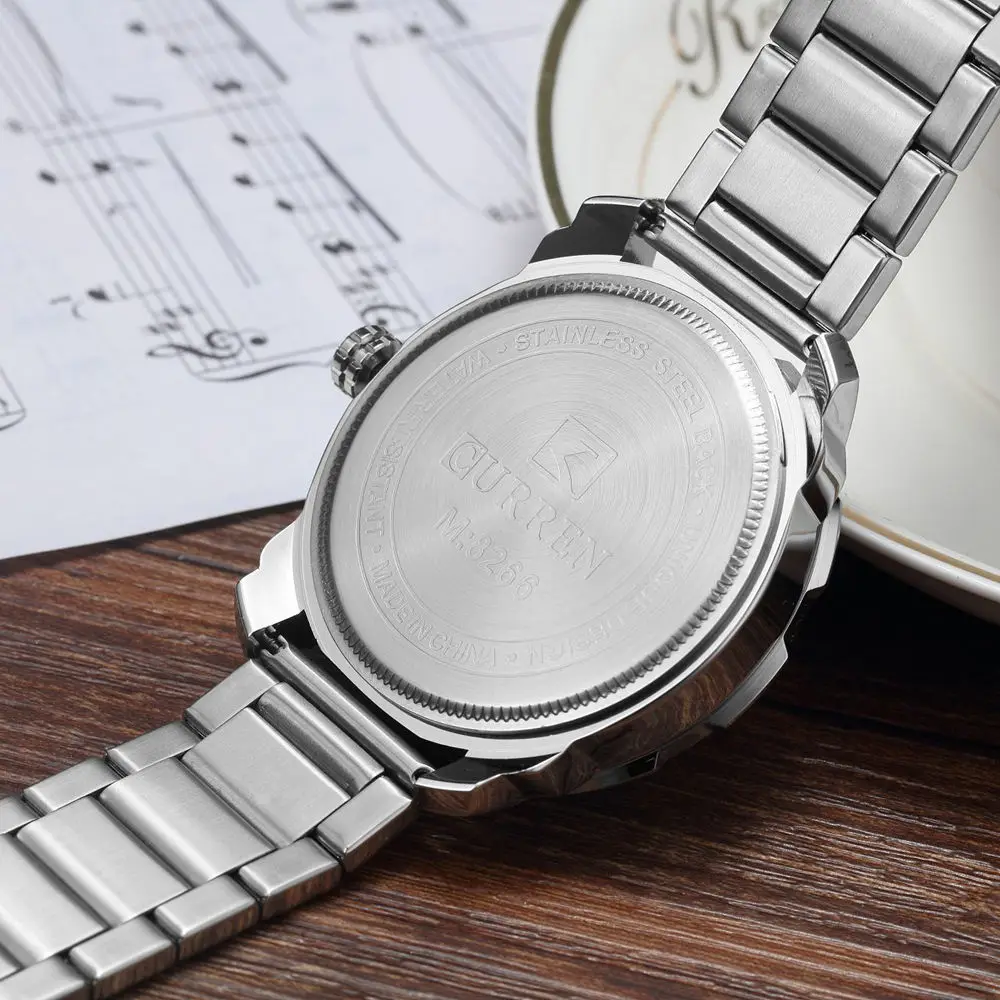 Curren Мужские кварцевые часы из нержавеющей стали серебристо черный ремешок Авто