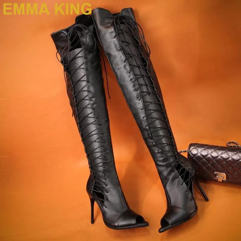 Женские босоножки на шнуровке черные до бедра с перекрестной шнуровкой шпильке