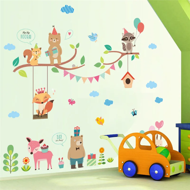 

Lovely Safari Fox Owlets World Wall Stickers For Kids Rooms Home Decor Cartoon Animals Wall Decals Pvc Mural Art Diy Poster Gift