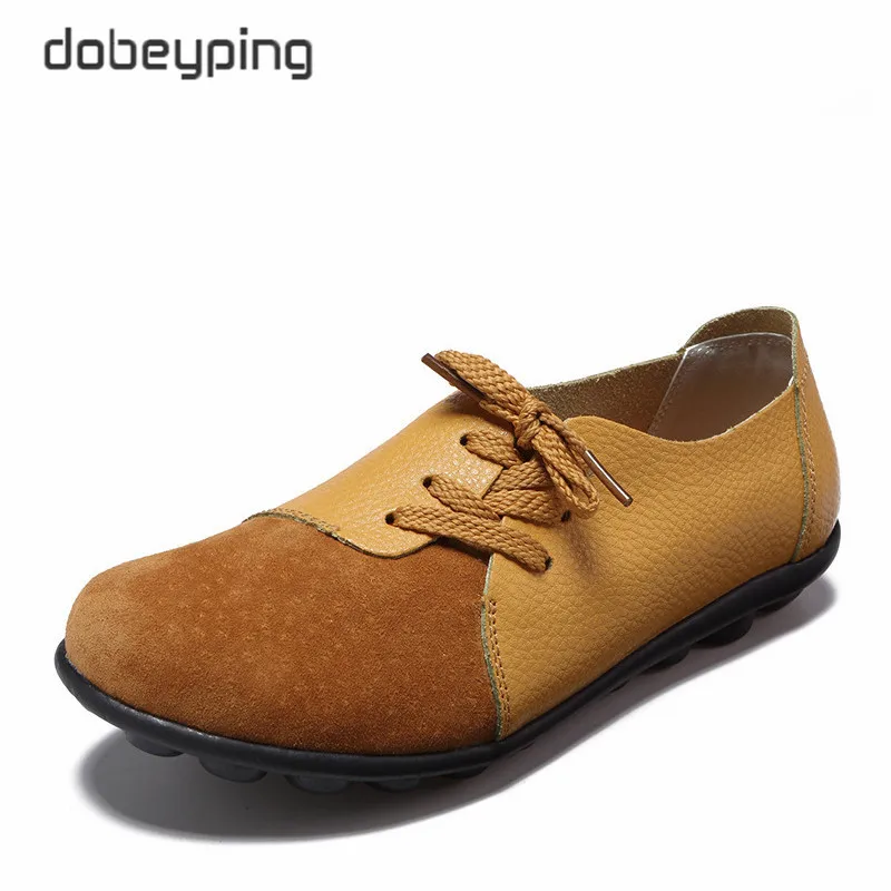 dobeyping New Genuine Leather Women Flats Spring Autumn Woman Shoes Lace Up Women's Loafers Solid Female Casual Shoe Size 35-44