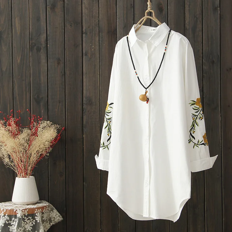 Women's Floral Eembroidery Cotton Blouses Casual Loose Long Sleeve Shirts Women Plus Size Spring White Dress Shirts SW-022