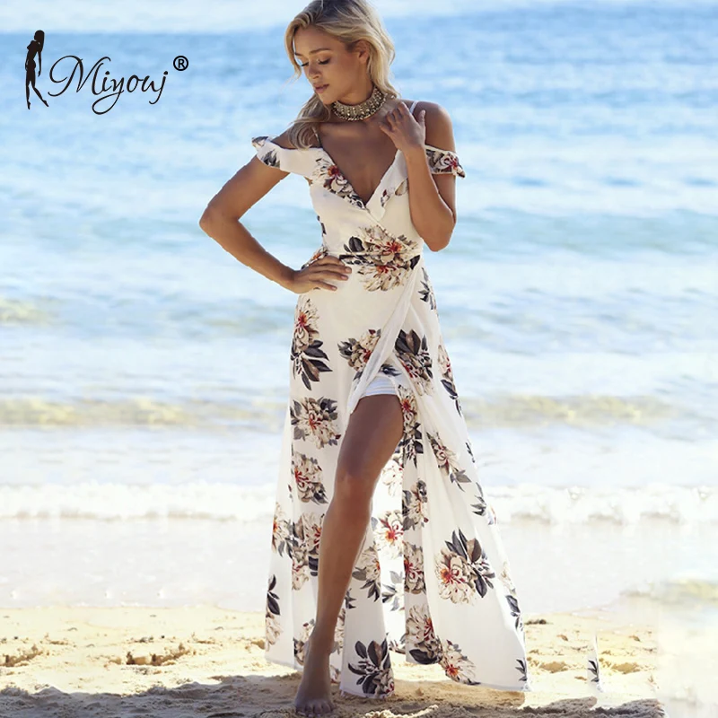 

Miyouj Ruffles Maxi Dress Women Floral Print Off Shoulder Beach Dresses Chiffon V Neck Split Beachwear Female Swim Suit Vestidos