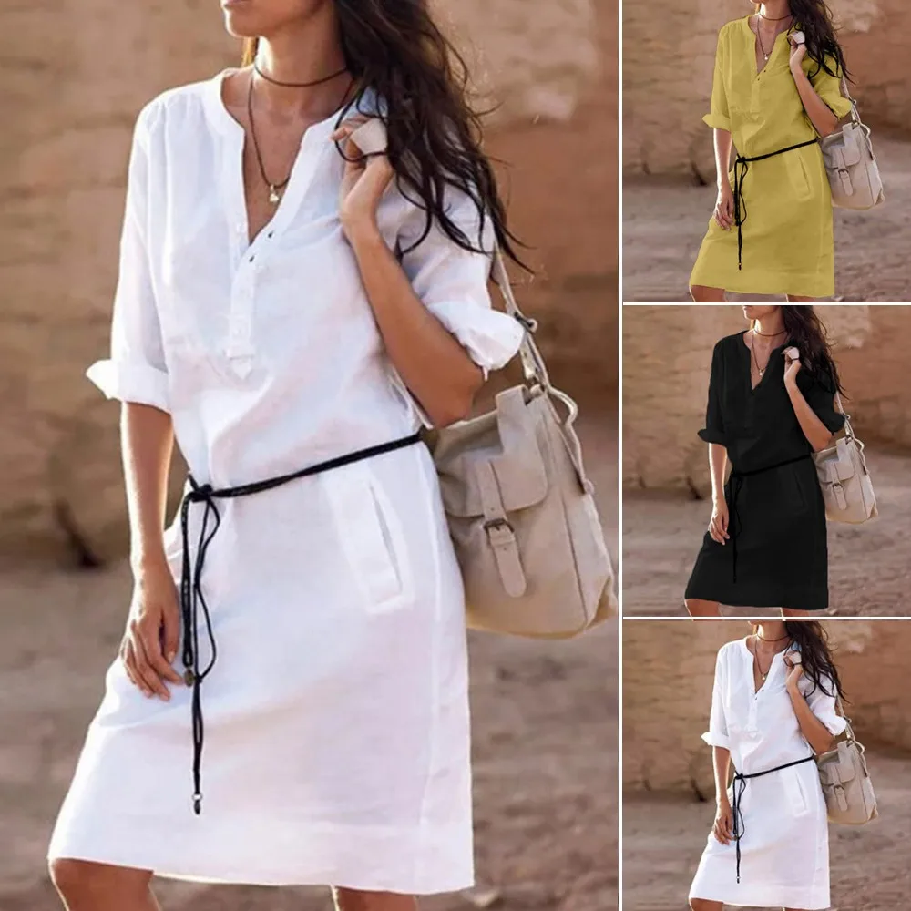 2018 женское Повседневное платье с коротким рукавом и пуговицами v образным