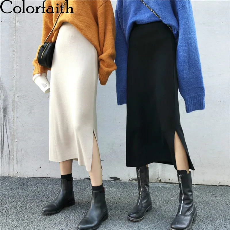 Colorfaith 2019 Новая женская юбка осень зима вязанная с разрезом приталенная