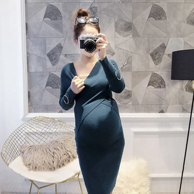 Осенне-зимнее платье-свитер для грудного вскармливания беременных элегантное