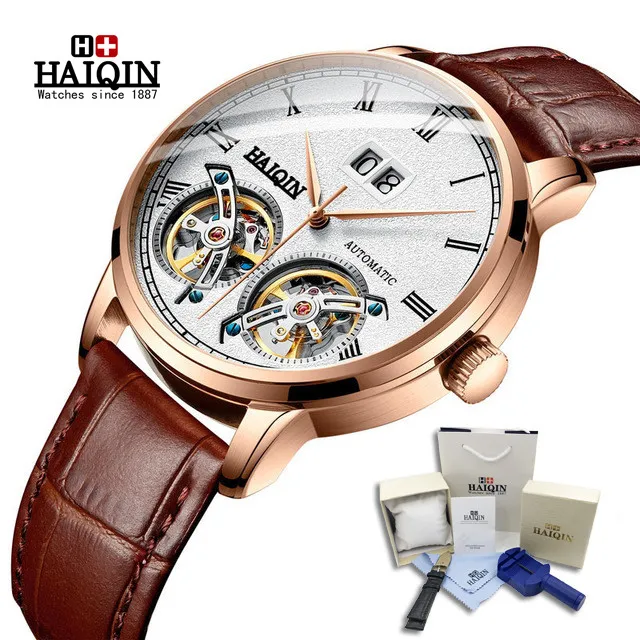 L-gold white Бизнес Автоматическая техника двойной турбийон часы для мужчин HAIQIN мужские s часы лучший бренд класса люкс военные спортивные часы reloj hombre - Color: L-gold white