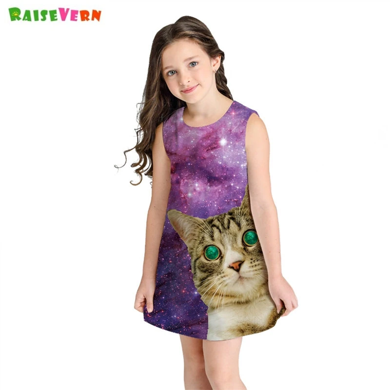 Cat Space Galaxy Print Girls Dress Summer Floral Sleeveless Princess Beach Party Sundress Kids 8 9 10 11 years | Детская одежда и