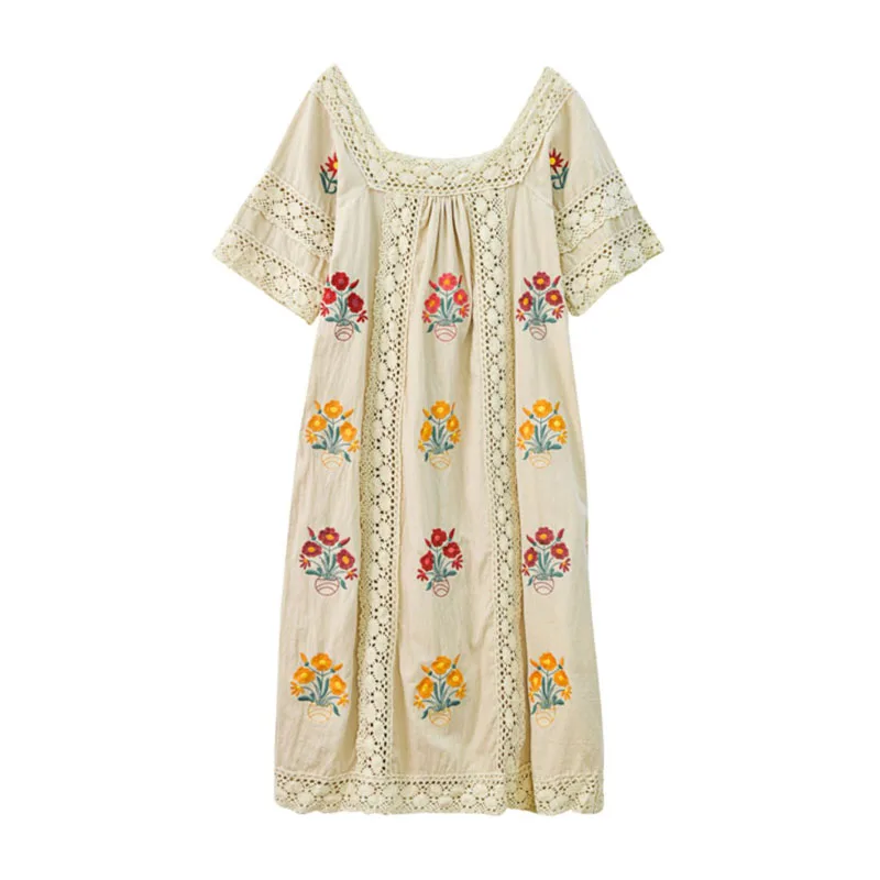 

PERHAPS U White Khaki Women Lace Embroidery Loose Dress Slash Neck Short Sleeve Knee Length Vocation Summer Floral D1218