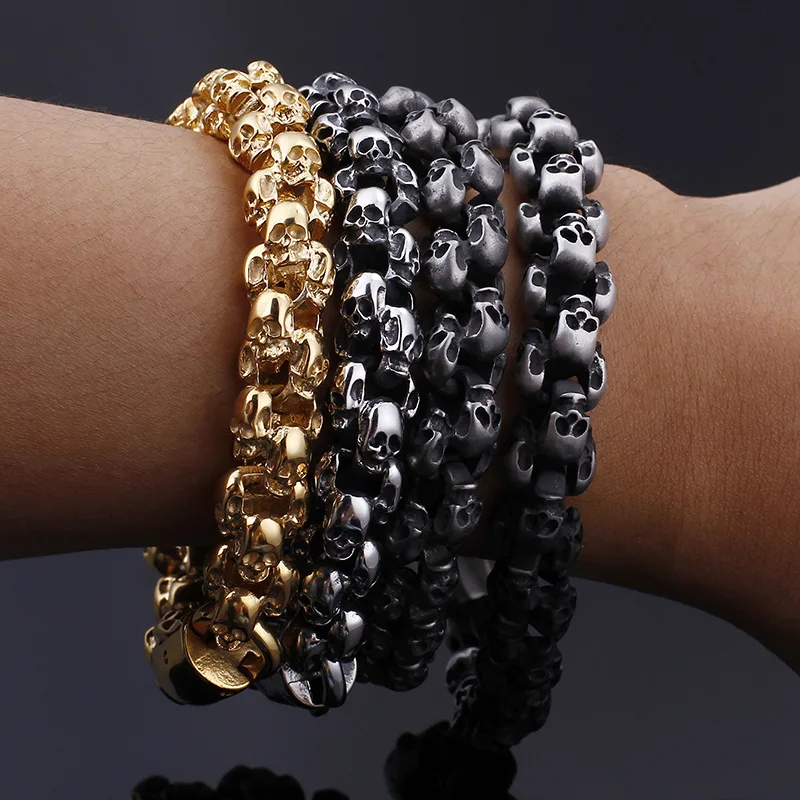 

12mm Heavy Punk Retro Matte Black Skull Chain Bracelet Men Women Hiphop Gold Color Stainless Steel Charm Skeleton Bangle Jewelry