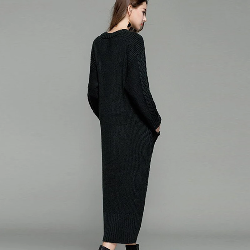 Oversized Sweater Midi Irregular Dresses with Pocket Twisted Ribbed Jumper Tunic Fashion Knitted Split PulloverBlack Grey Color | Женская