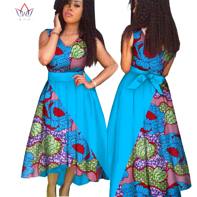 

Summer Dress Women African Print Dresses V-neck Sleeveless Vintage Sashes Dresses Long Summer Dress Fashion Clothing 6XL WY1729
