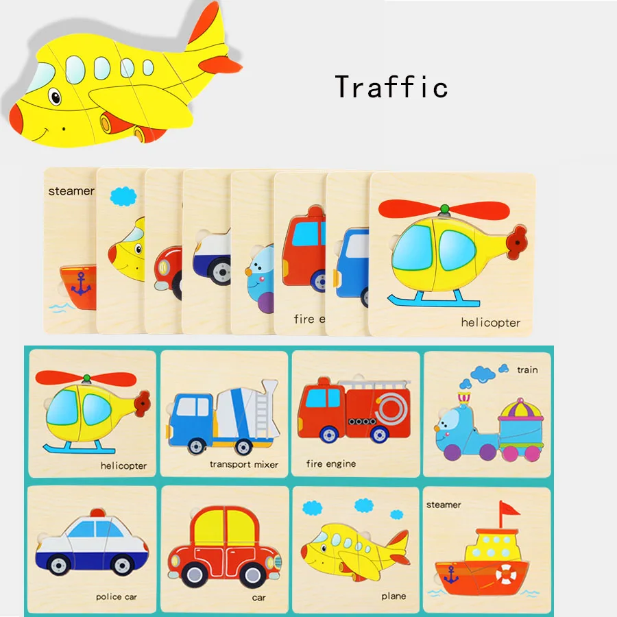 Traffic Theme 8 шт./компл. 3 D деревянные головоломки мультфильм животных/дорожного движения/фрукты/овощи тема 15*15 см головоломки Развивающие игрушки для детей - Цвет: Traffic Theme