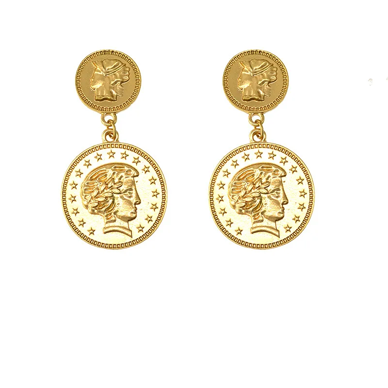 

Ladies Gold Drop Earrings For Women Coins Queens Heads Charms Dangle Earrings Alloy Baroque Head Fashion Pendants